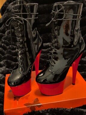 Red Sole, Black Patent Lace-Up Platform Dance/Pole Boots